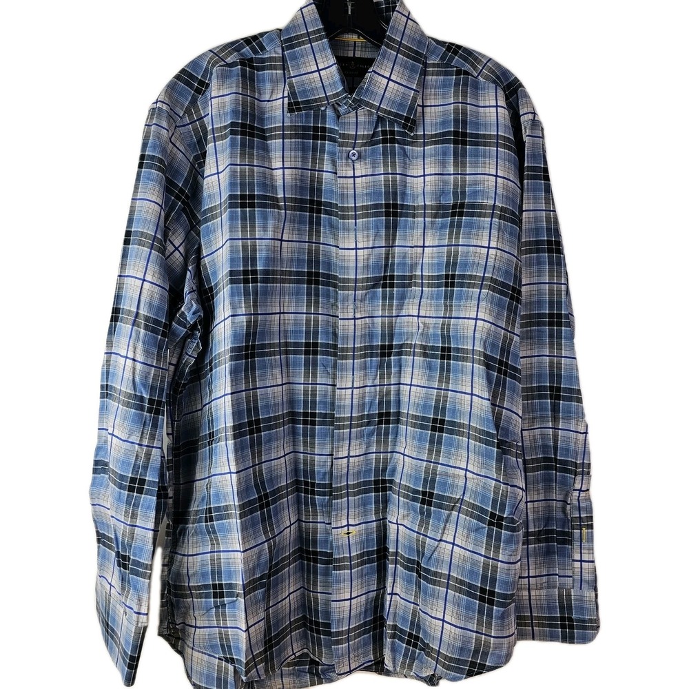 Robert Talbott Shirt Mens L Blue White Plaid Tartan 100% Cotton Twill Button Up